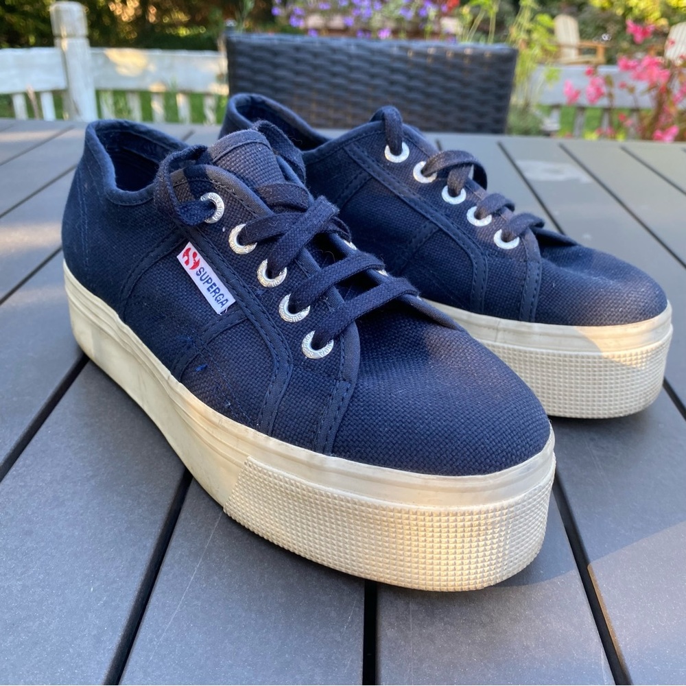 Superga Platform Lace Up Sneakers Womens 7.5 Navy Blue Canvas